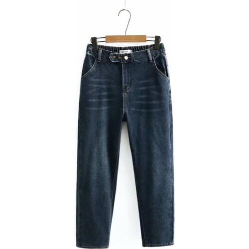 Plus size navy blue women Pleated Straight jeans pants 2021 new spring autumn casual ladies pants female trousers