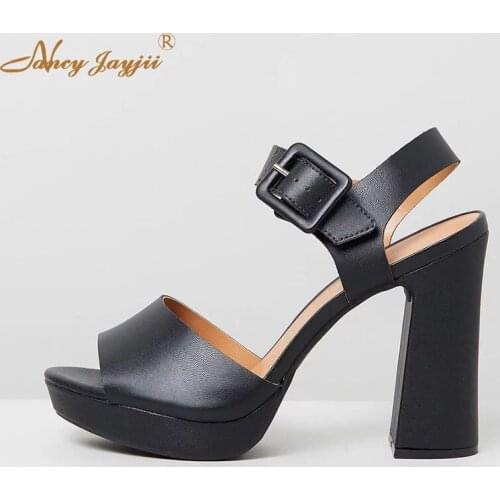 Chunky Heels Platform Strappy Sandals Black Ladies Shoes Womens Summer 2019 Classic Newly Beach Buckle Strap Big Sizes 14 16 12