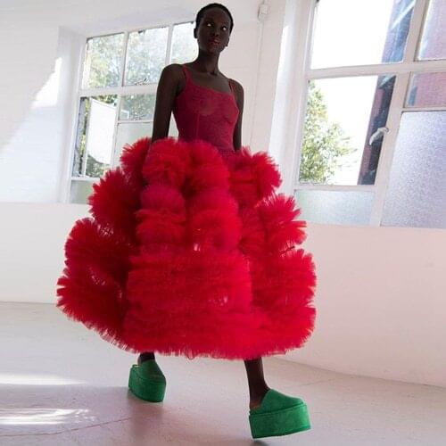 Chic Red Ruffled Tulle Dresses Women 2020 Ankle Length Long Women Maxi Tulle Dress Party Prom Gown For Black Girls Custom Made