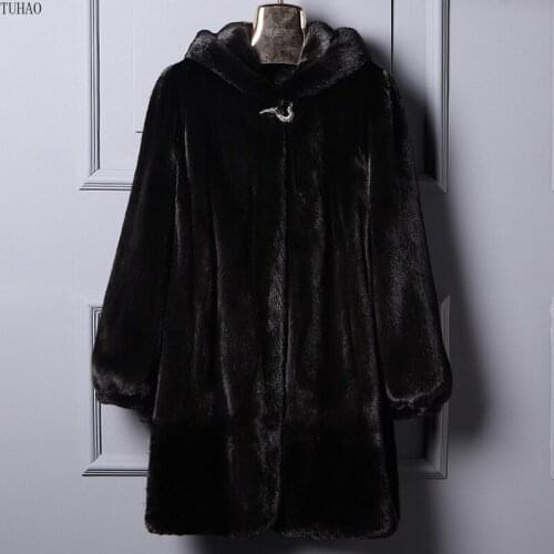 Black Faux Mink Fur Coats Fall Winter Woman Clothes Midi Long Sleeve Hooded Faux Fur Jacket Casual Tops Outerwear LW222