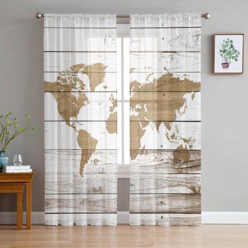 Vintage Wooden Texture World Map Tulle Sheer Window Curtains for Living Room Kitchen Children Bedroom Voile Hanging Curtain