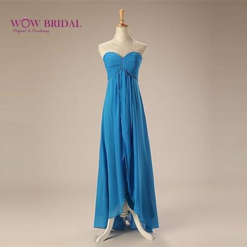 Wowbridal Elegant Long Prom Dress 2021 Sweetheart Strapless Simple-Designed Pearls Beaded Chiffon A-Line Ruched Women Party Gown