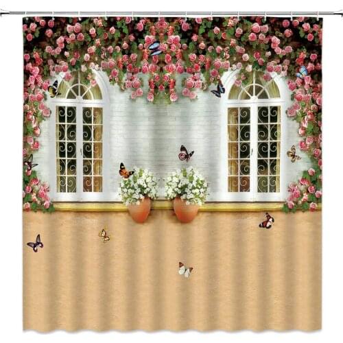 Flower Butterfly Shower Curtains Pink Floral Plant Wall White Window Scenery Pattern Print Bathroom Polyester Cloth Curtain Set
