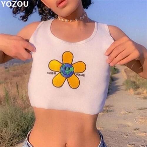 YOZOU Women Summer Floral Embroidery White Ribbed Slim Bodycon Sleeveless Crop Top Tank Tee For Female YL-386