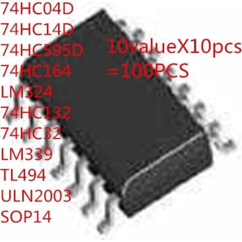 10valueX10pcs=100PCS In common use SMD IC 74HC04D 74HC14D 74HC595D 74HC164 LM324 74HC132 74HC32 LM339 TL494 ULN2003 SOP14