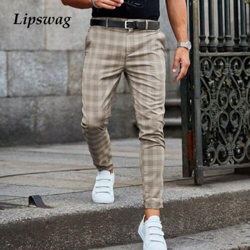 2021 Spring Fashion Plaid Printed Pencil Pants For Mens Vintage Mid Waist Button Trouser Male Summer Casual Long Pant Streetwear