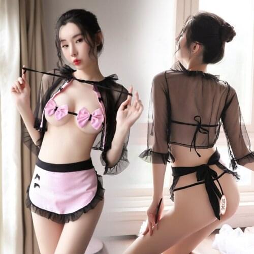 Sentiment underwear uniform temptation maid uniform sexy perspective gauze blouse bow knot maid apron suit temptation