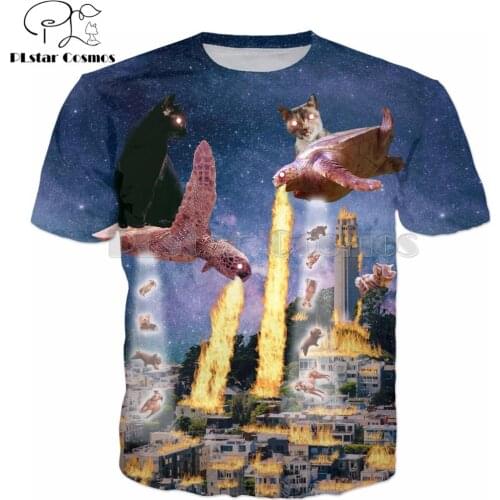PLstar Cosmos Cats Riding Sea Turtles Destroying city T-shirt animal Funny 3d Print Unisex t shirts summer Streetwear tee tops