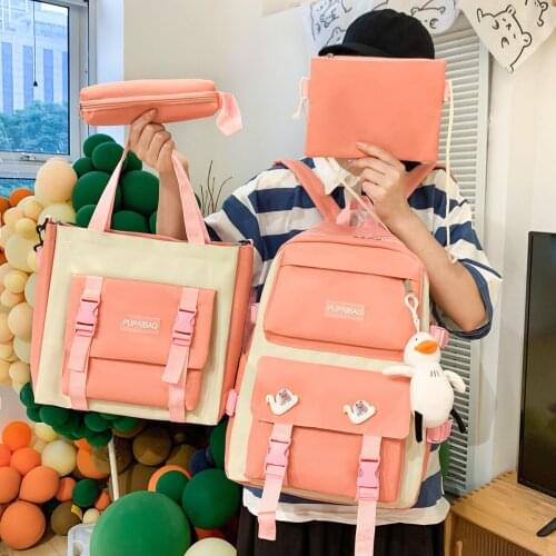 4 Pcs Sets Canvas Schoolbags For Teenage Girls Women Backpack Canvas Middle School Bookbag College Student Laptop Bag Mochila
