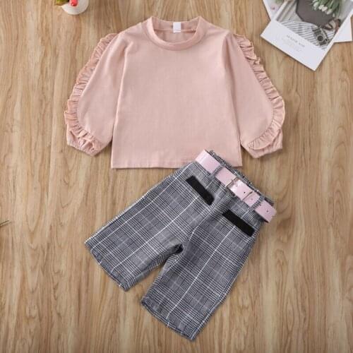 Imcute 2020 Autumn Spring Cute Baby Kid Girl Clothes Sets 1-6Y Solid Ruffles Long Sleeve Tops + Plaid Pants + Belt Clothes 3PCS