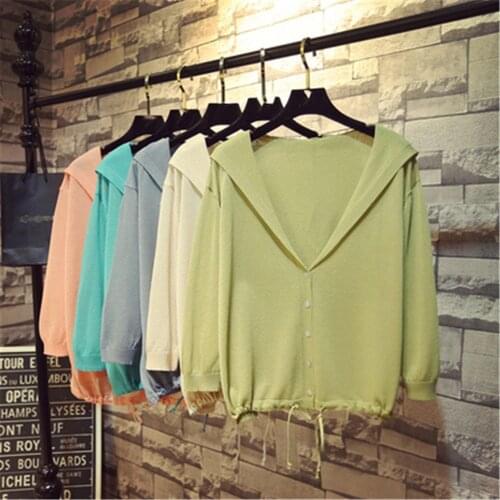 Hooded Thin Sweater Cardigan Women Silk Linen Spring Summer Lace Up V-neck Short Design Loose Cape Cardigans Outerwear Female