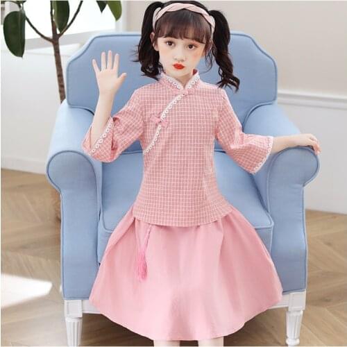 Plaid Chinese Qipao Kids Baby Girl Cheongsam Dress Gift Formal Gowns Children Clothing Girls Clothes Set vestido chino New