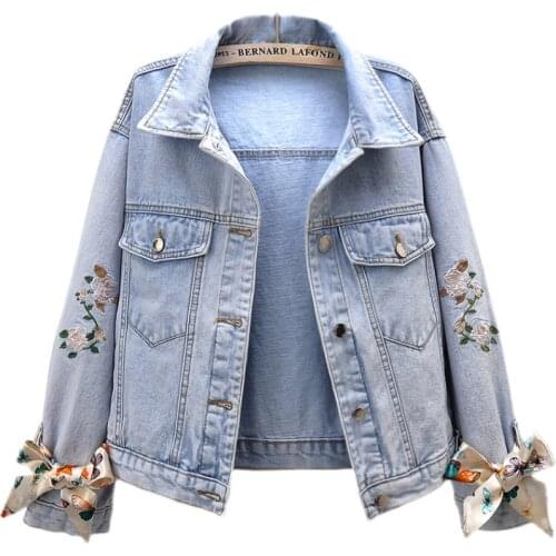 Embroidery Denim Jacket Women 2021 Spring Autumn Fashion Korean Floral Bow Long Sleeve Short Jeans Coat Loose Clothes Tide G836