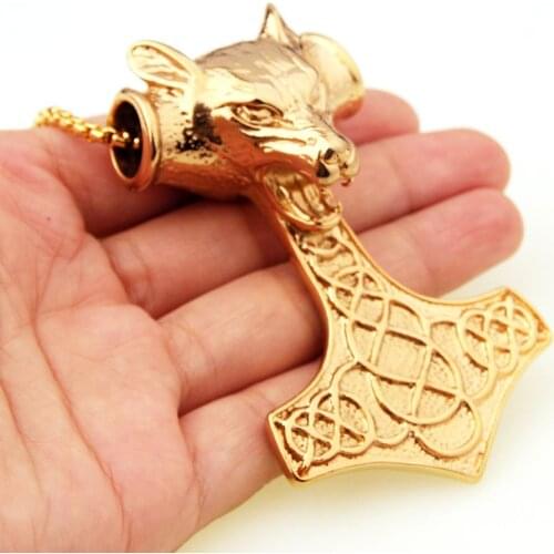 Mens Punk Wolf Head Thors Hammer Pendant Necklace 316L Stainless Steel Jewelry Christmas Gift