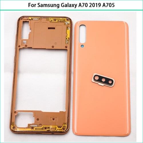 New For Samsung Galaxy A70 2019 A705 SM-A705F A705DS Middle Frame Plate Bezel + Battery Back Cover Rear Door Camera Lens Replace