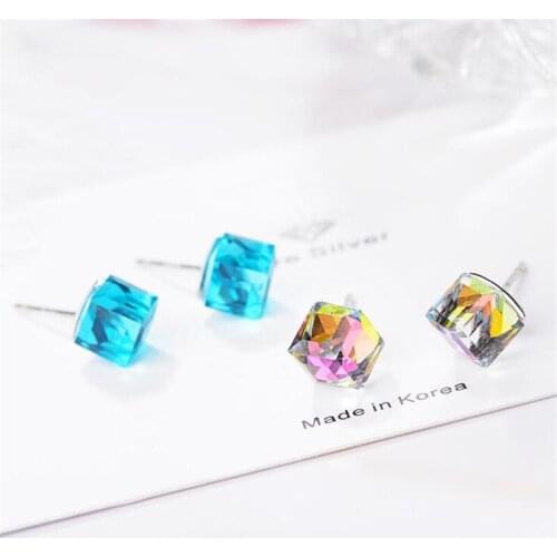 New Personality Square Sugar Aurora Fashion 925 Sterling Silver Jewelry Color Crystal Temperament Stud Earrings SE709