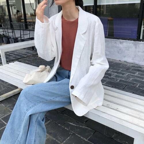 Summer Casual Thin Blazer Womens 2020 Vintage New One Button Jackets Loose Cotton Linen Women Blazers For Office Ladies Coat