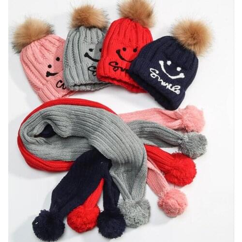 Yyun Thickened Wool Cap Plus Cashmere Keep Warm Children Winter Smile Hat And Shawl Set Boy And Girls Scarf And Pom Pom Hat Set