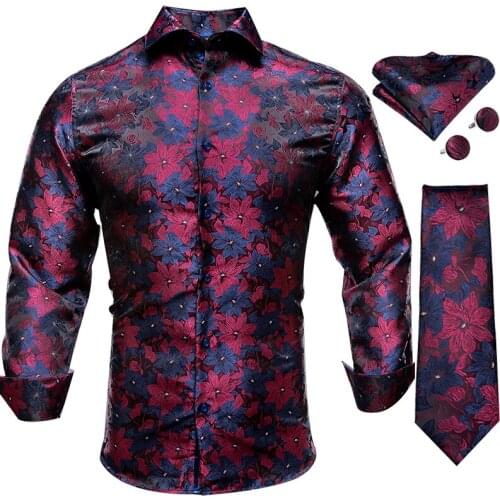 Hi-Tie Navy Paisley Full Sleeve Casual Mens Shirts Tie Set Floral Woven Fashion Luxury Royal Soft Silk Shirts For Wedding Dress
