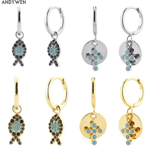ANDYWEN 925 Sterling Silver Gold Black Turquoise Zircon Cross Fish Drop Earring Women Fine Jewelry Circle Luxury Piercing CZ