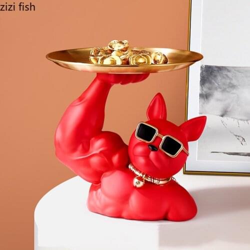 Strong Dog Storage Ornaments French Bulldog Golden Tray Tabletop Fruit Plate Snacks Trays Resin Crafts Home Decoration Modern