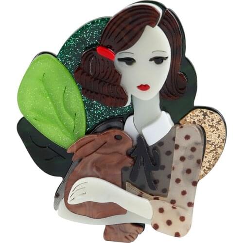 New Fashion Creative Fairy Girl Holding Rabbit Acrylic Brooches For Women Kids Cartoon Cute Badge Brooch Pins Party Jewelry Gift