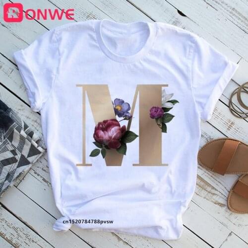 Golden Letter Flower Combination Womens High Quality Printing T-shirt Girl Summer A B C D E F G Short Sleeve Tops Tee Clothes