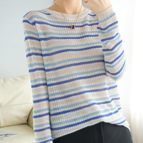 Striped knitted bottoming shirt women spring and autumn new round neck long-sleeved temperament all-match hollow top T-shirt