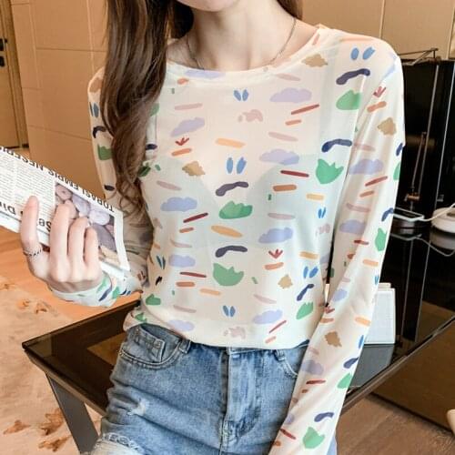 Mesh Fabric Long Sleeve Woman Tshirts Autumn Office Lady T Shirts Vintage Streetwear White Shirts for Women Mujer Camisetas