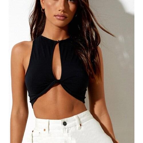 Womens Tops Sexy Streetwear Tank Tops Hollow Out Short Summer Hanging Neck Solid Color Round Neck Slim Black Vest