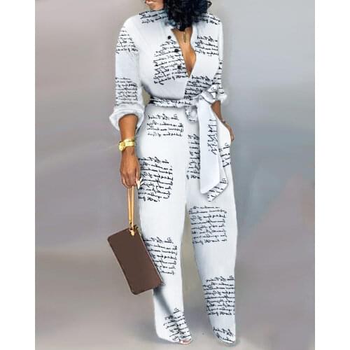 2020 New Autumn Women Loose Jumpsuits Print Wide Leg Long Pants Casual Romper Bow Bandage Jumpsuits