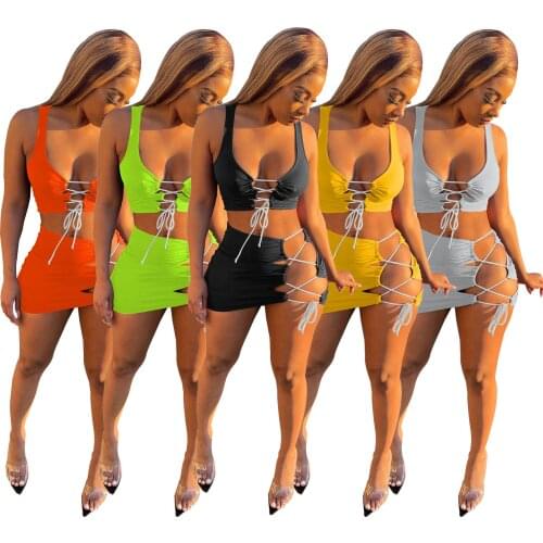 In Stock Fashion Casual Clothes Summer 2 Pieces Bodycon Sexy Club Crop Tank Top Mini Skirt Women Dresses Party Outfits Suit