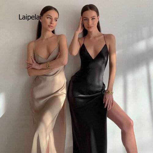 New Sexy Open Back Simple Slik Satin Split Spring and Summer Elegant Women Party Club Dress 2021