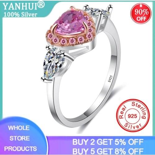 YANHUI Luxury Female Girl Crystal CZ Stone Ring Boho 925 Sterling Silver Pink Ring Promise Engagement Rings For Women XR220