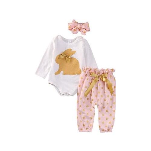 3Pcs Newborn Infant Baby Girls Clothes Sets Summer Cute Rabbit Long Sleeve Bodysuit Bow Playsuit Pants Headwear Outfits 0-18M
