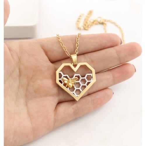 Bee Honeycomb Necklace Silver Heart Shape Honeycomb Pendant Gold bee necklace Honey Bee Necklace jewelry