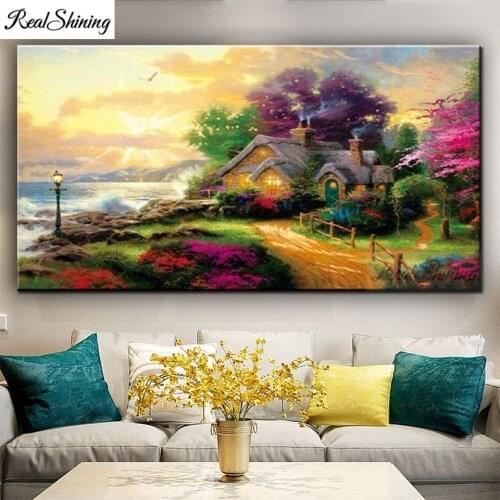 Large Diamond Painting sale Sea Beach Cottage puzzles Round square Drill Diamond embroidery Rhinestone of Picture,landscape F726