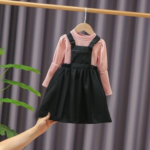 Girls Long Sleeve Dresses Children Fashion T-shirts Overall Dress 2pcs Clothes Sets For Baby 1 To 4 Years Toddler Outfits Kids