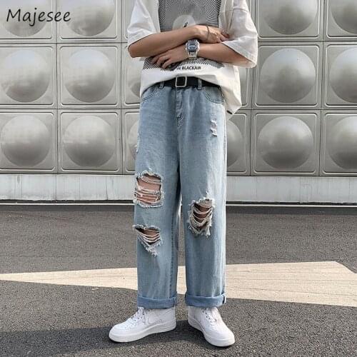 Holes Men Jeans Straight Ankle-length High Street Denim Trousers Casual Streetwear Summer Kpop Chic Ripped Oversize Trousers