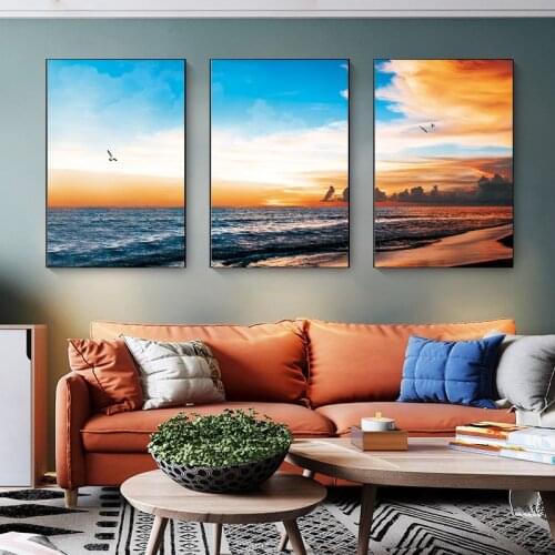 Sunsets Natural Sea Beach Seagull Landscape Canvas Painting Nordic Posters and Prints Wall Art Picture for Living Room Decor
