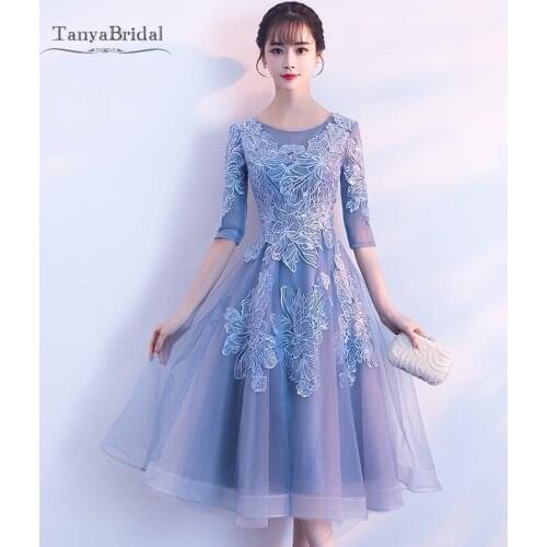 Lace Flower Short Prom Dresses 2020 New Arrive Light Blue Half Sleeves Vestidos De Gala Jurken Party Dress Knee Length JQ734