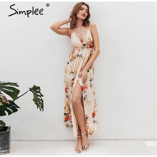 Simplee Backless boho floral print long dress Women Deep v neck chiffon sexy summer dress Autumn maxi dress party vestidos 2018