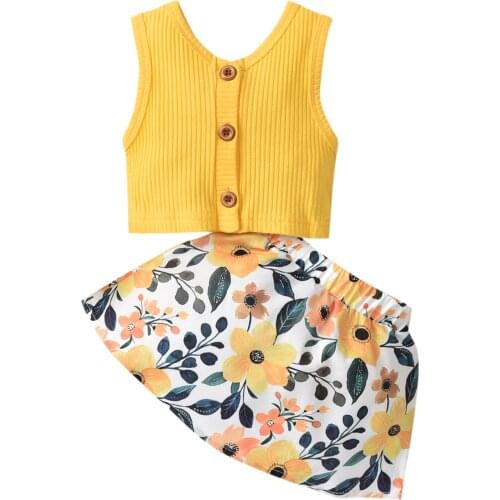 2 Pcs Infant Summer Outfits Baby Girl Sleeveless Ribbed V-Neck Button Tank Top + Flower Print Elastic Waist Skirt (Yellow)