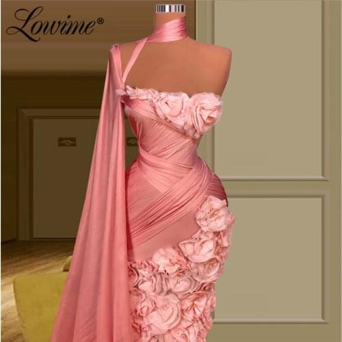 Lowime Robe De Soiree Pink One Shoulder Long Evening Dresses 2021 Couture Handmade Flowers Celebrity Dresses Dubai Party Gowns