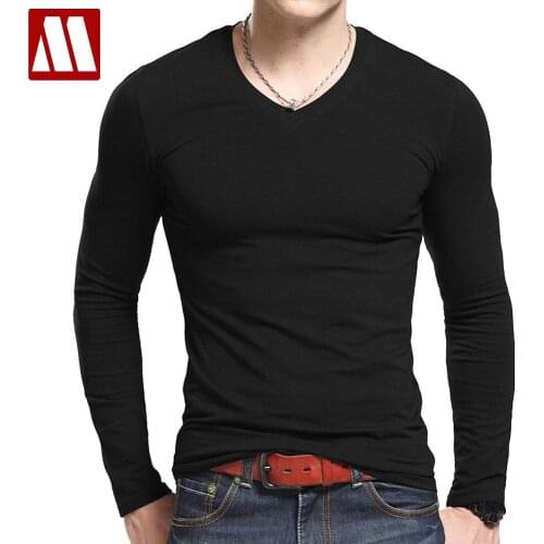 Plus Size V Neck T Shirts Men Long Sleeve Tshirts Fitness T-shirts Solid Color Fitted HipHop Mens Clothing Cotton Material Tees
