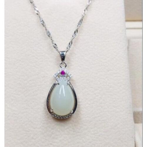Natural 925 Silver Exquisite Jewelry Inlaid Color Zircon White Jade Pendant Necklace