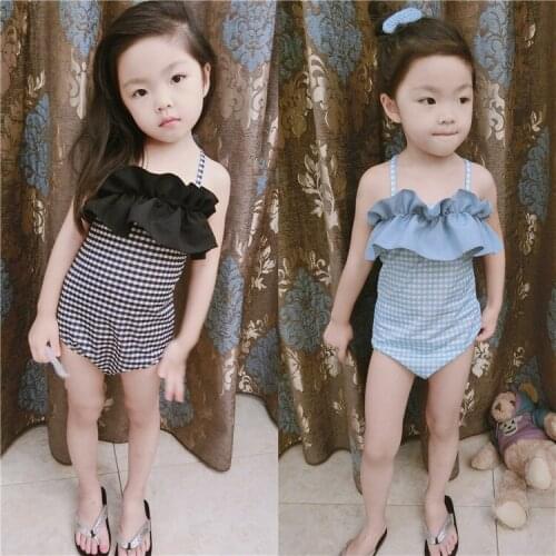2021 New Girls Swimsuit One Piece Swimsuit With Hat Infant Baby Swimwear Plaid Swimwear Summer Childrens Beach Suit