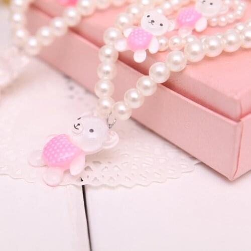 3pcs Girls Necklaces+Bracelets+Rings Sets Fashion Jewelry Simulated Pearl Bead Bear Cute Pendant Accessories Gifts