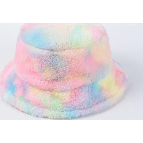 Harajuku Sweet Girls Rainbow Bucket Hat Women Winter Soft Warm Faux Fur Panama Hats Chic Street Tie Dye Vacation Hats Streetwear