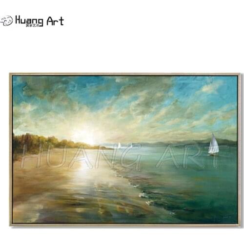 Hand-Painted High Quality Modern Blue Sky Seascape Canvas Oil Painting for Living Room Decor Sunrise Beach Landscape Painting